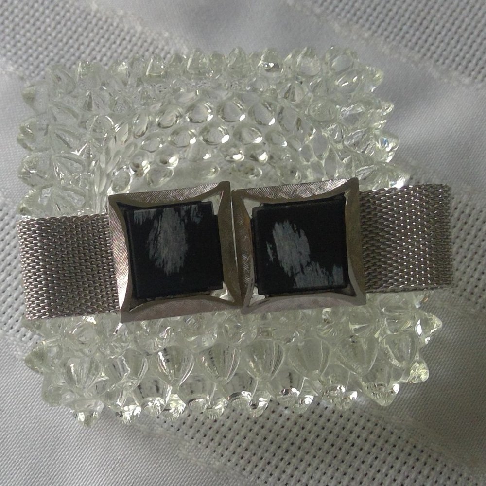 Cufflinks, silver & black granite stone, antique